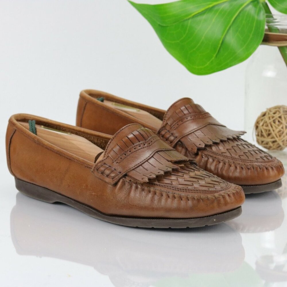 Oleg Cassini Mens Bernie Loafer Size 10 D Woven Brown Leather Moc Toe Kiltie